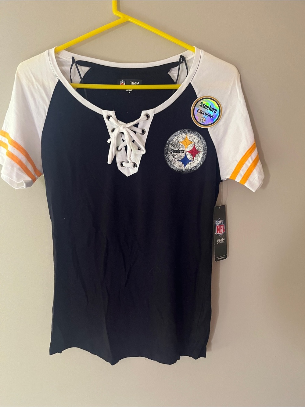 NFL Pittsburgh Steelers Lace-Up Raglan Tee - Black/White/Gold